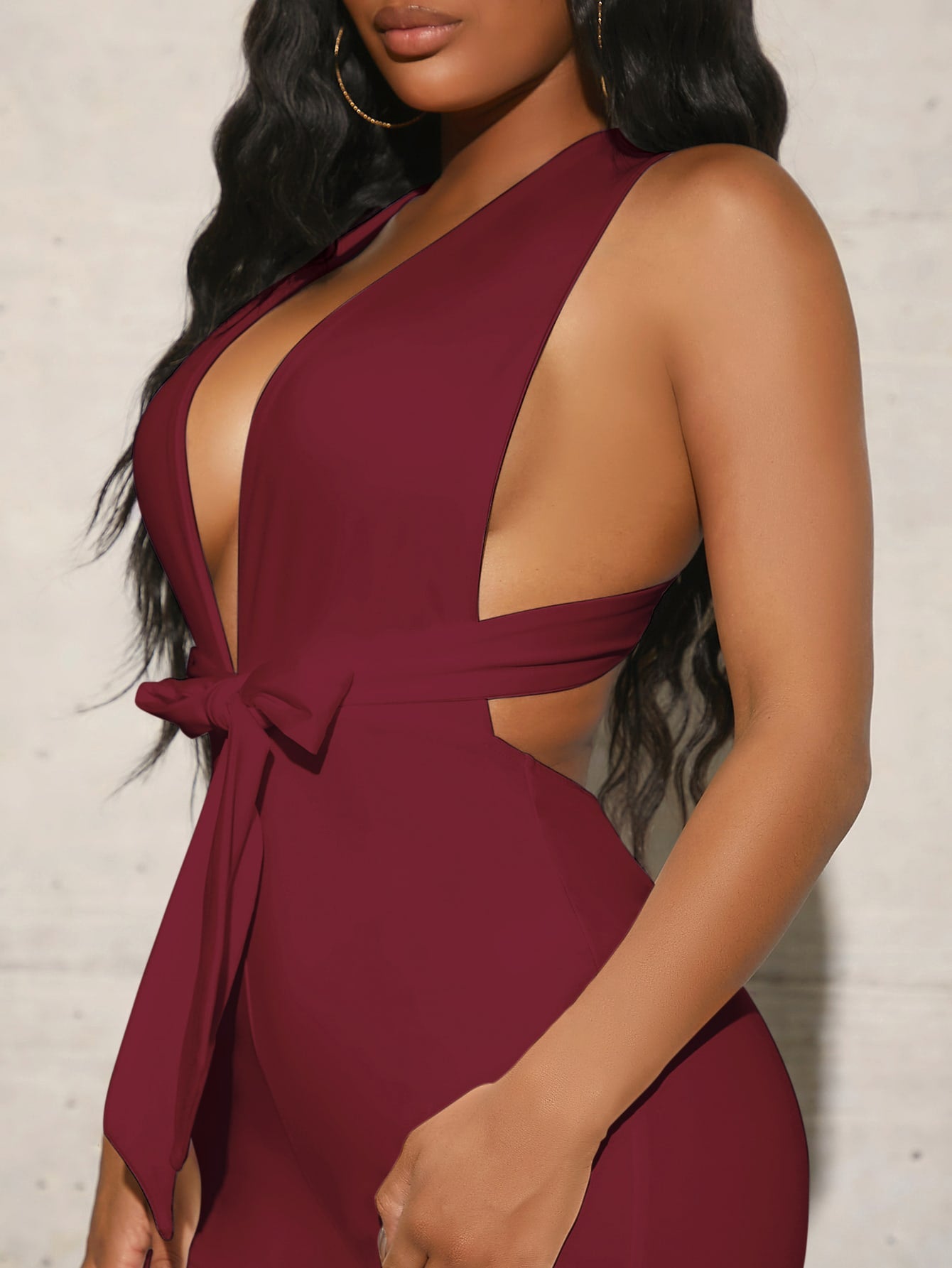 SXY Plunging Neck Criss Cross Backless Split Belted Jumpsuit