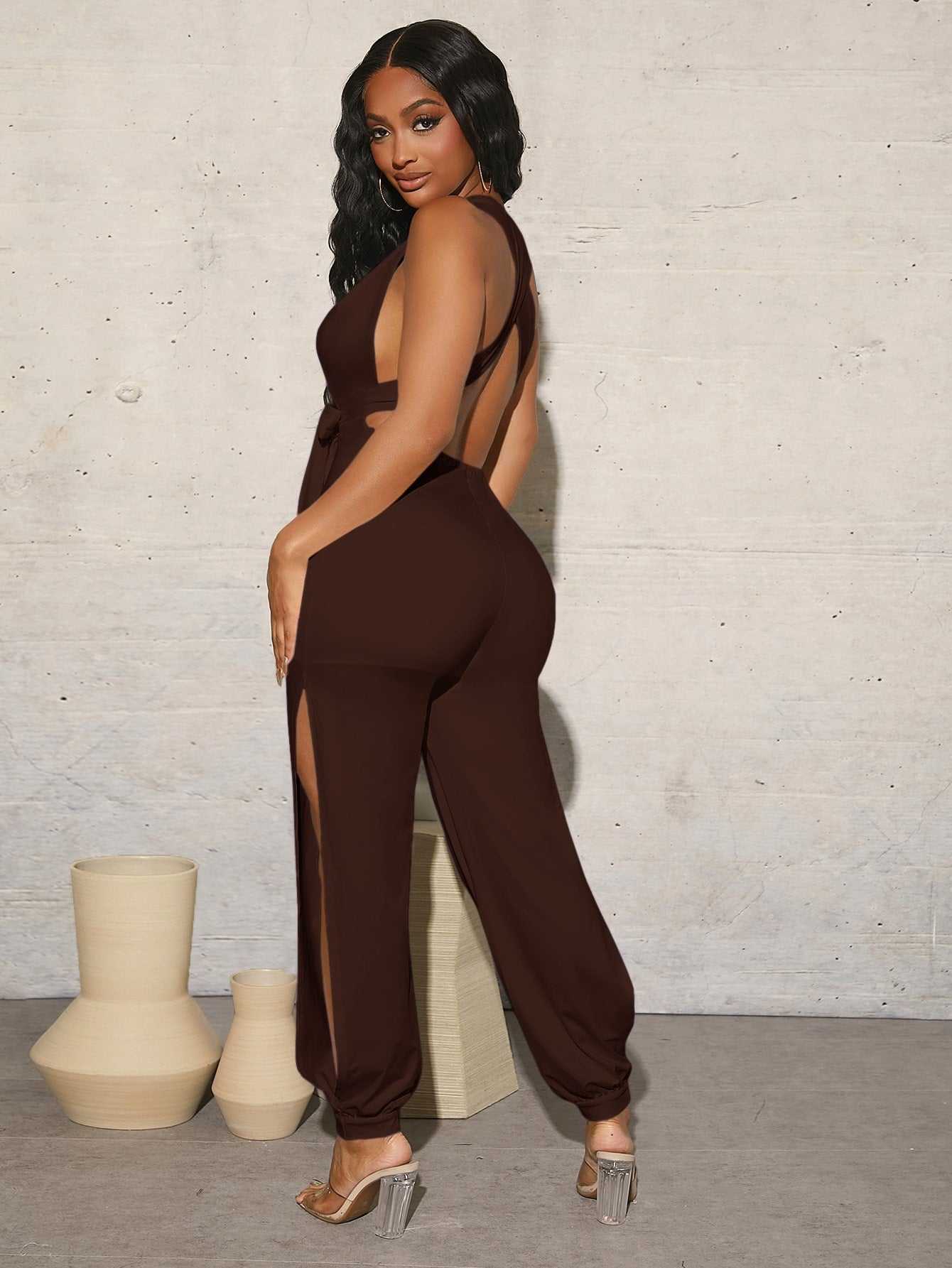 SXY Plunging Neck Criss Cross Backless Split Belted Jumpsuit