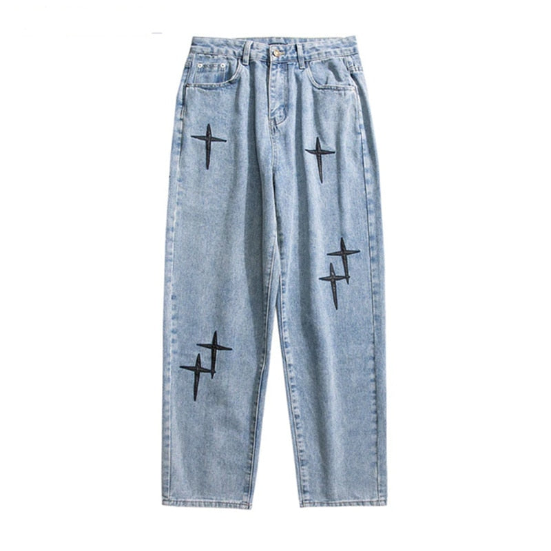 New Embroidered Jeans Men Straight Loose Wide-leg Pants Spring and Autumn Korean Fashion High Street Hip Hop Style Male Trousers