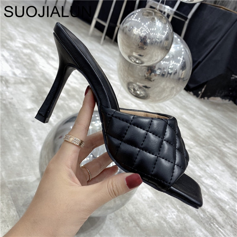 SUOJIALUN 2021 Brand Design Women slippers Elegant Square Toe Thin High Heels 9CM Slippers Summer Outdoor Beach Slides Shoes