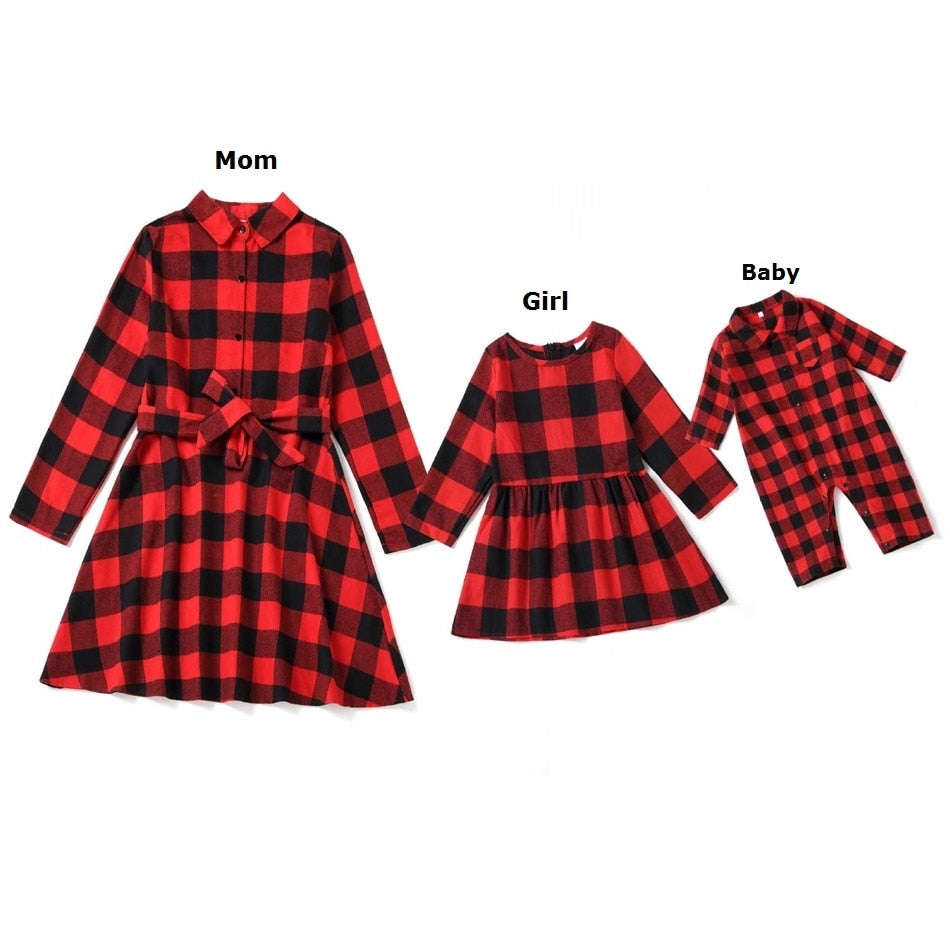 Plaid Mother Daughter Dresses Spring Family Matching Outfits Look Mommy and Me Clothes Mom Baby Girls & Woman Christmas Dress