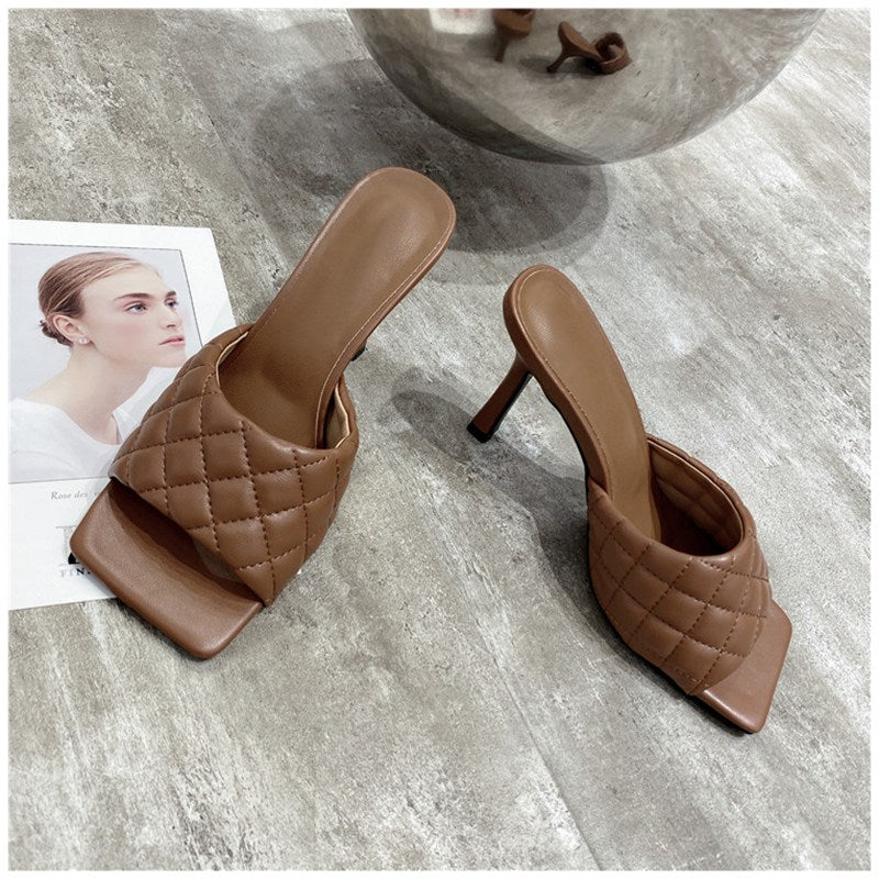 SUOJIALUN 2021 Brand Design Women slippers Elegant Square Toe Thin High Heels 9CM Slippers Summer Outdoor Beach Slides Shoes