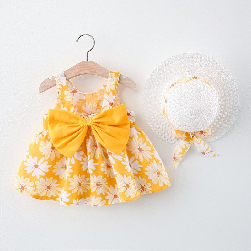 Summer Outfits Toddler Dresses Newborn Baby Girl Clothes Cute Flowers Sleeveless Cotton Print Princess Beach Dress+Sunhat BC004