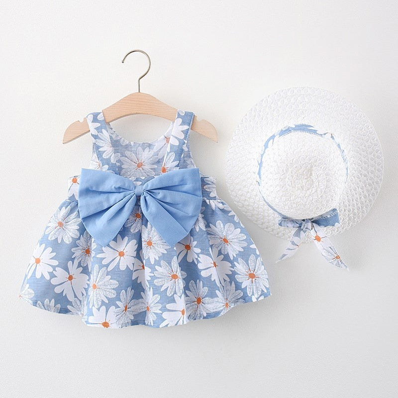 Summer Outfits Toddler Dresses Newborn Baby Girl Clothes Cute Flowers Sleeveless Cotton Print Princess Beach Dress+Sunhat BC004