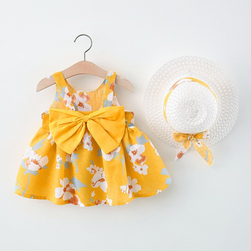 Summer Outfits Toddler Dresses Newborn Baby Girl Clothes Cute Flowers Sleeveless Cotton Print Princess Beach Dress+Sunhat BC004