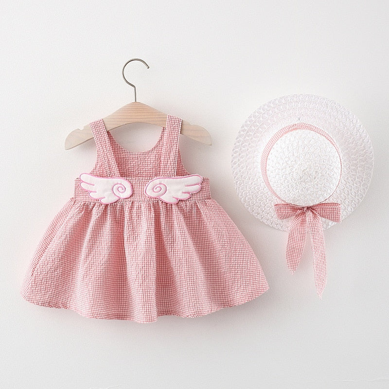 Summer Outfits Toddler Dresses Newborn Baby Girl Clothes Cute Flowers Sleeveless Cotton Print Princess Beach Dress+Sunhat BC004