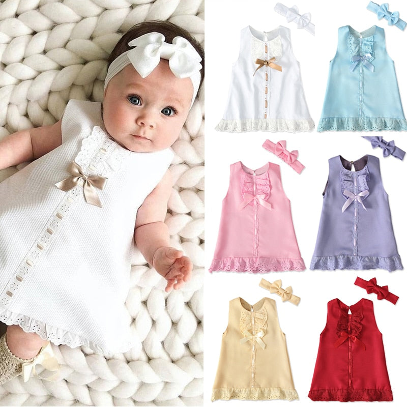 Newborn Baby Girls Dresses Summer Cute Bow Sleeveless Princess Party Birthday Lace Dress+Headband 2Pcs Kids Toddler Clothes A405