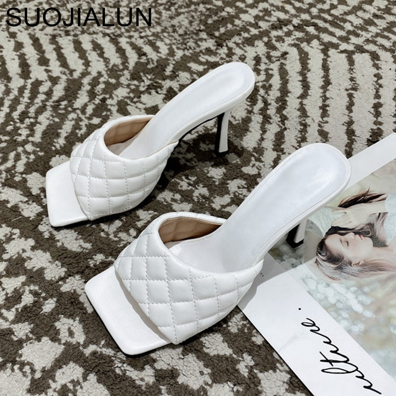 SUOJIALUN 2021 Brand Design Women slippers Elegant Square Toe Thin High Heels 9CM Slippers Summer Outdoor Beach Slides Shoes