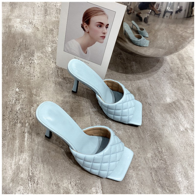 SUOJIALUN 2021 Brand Design Women slippers Elegant Square Toe Thin High Heels 9CM Slippers Summer Outdoor Beach Slides Shoes