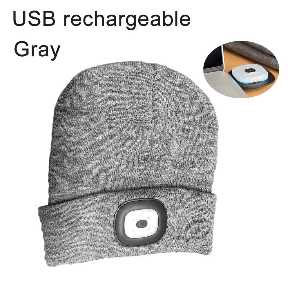 Mens Women Beanie Hat LED Light USB Rechargeable Battery Knitted Warm hat Walking night running mountain climbing hat