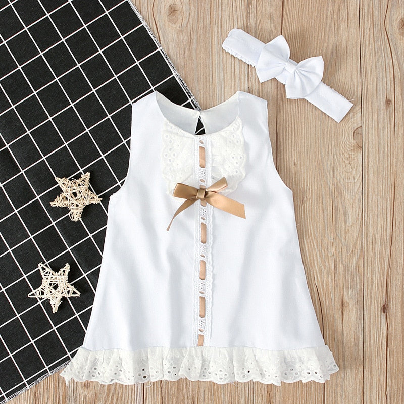 Newborn Baby Girls Dresses Summer Cute Bow Sleeveless Princess Party Birthday Lace Dress+Headband 2Pcs Kids Toddler Clothes A405