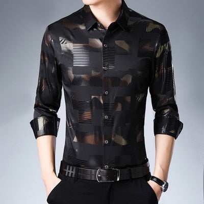 MIACAWOR New Business Casual Shirts Men Fashion Print Slim Fit Dress Shirt Long Sleeve Camisa Masculina Plus Size Clothes C457