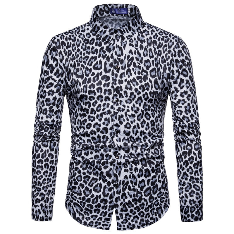 Mens Trend Nightclub Leopard Print Shirt High Quality Long Sleeve Shirt Male Social Casual Party Shirt Chemise Homme Dress Shirt