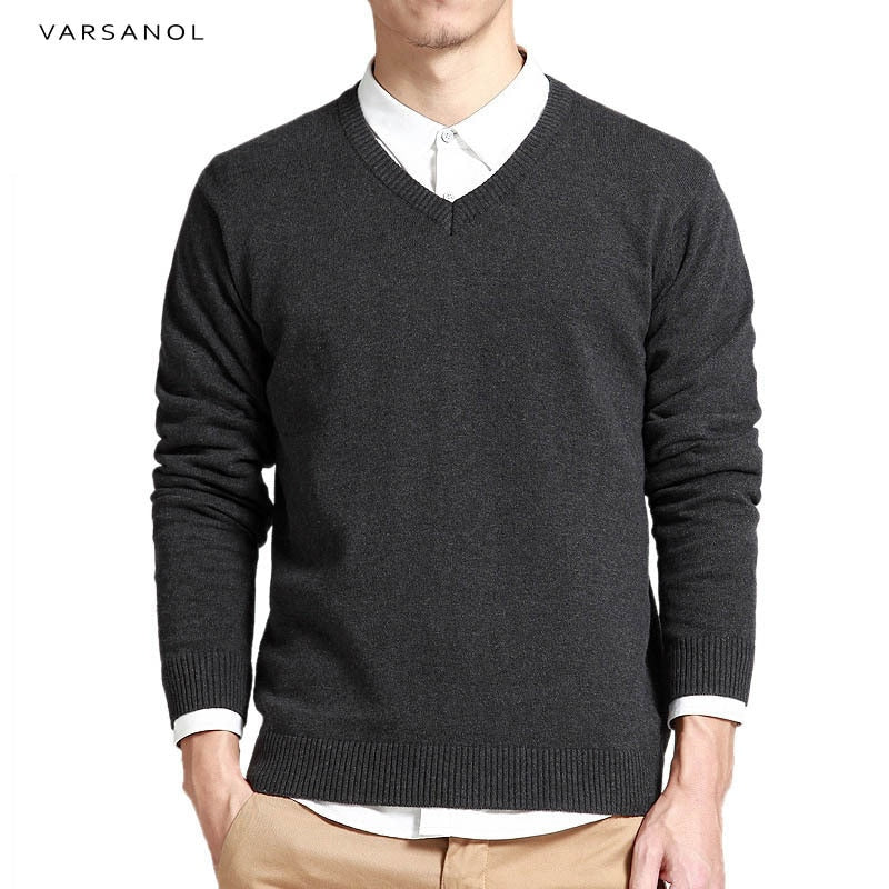 Varsanol Cotton Sweater Men Long Sleeve Pullovers Outwear Man V-Neck sweaters Tops Loose Solid Fit Knitting Clothing 8Colors New