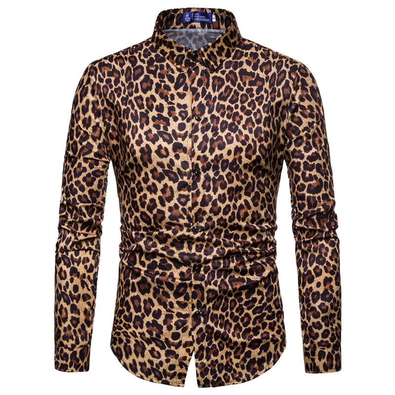 Mens Trend Nightclub Leopard Print Shirt High Quality Long Sleeve Shirt Male Social Casual Party Shirt Chemise Homme Dress Shirt