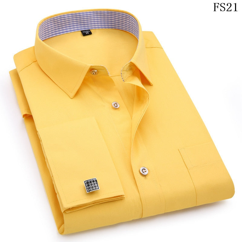 Mens French Cufflinks Long sleeves Shirts Black White Blue Yellow Lapel Male Business Dress shirt Fit Wedding Party Men Clothin