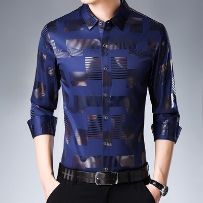 MIACAWOR New Business Casual Shirts Men Fashion Print Slim Fit Dress Shirt Long Sleeve Camisa Masculina Plus Size Clothes C457