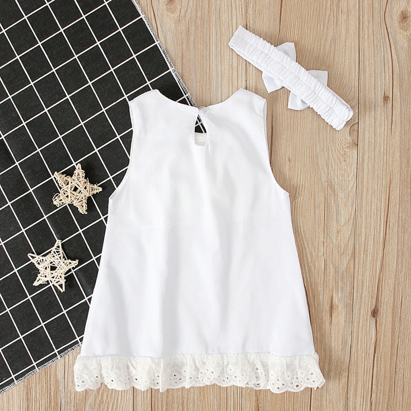 Newborn Baby Girls Dresses Summer Cute Bow Sleeveless Princess Party Birthday Lace Dress+Headband 2Pcs Kids Toddler Clothes A405