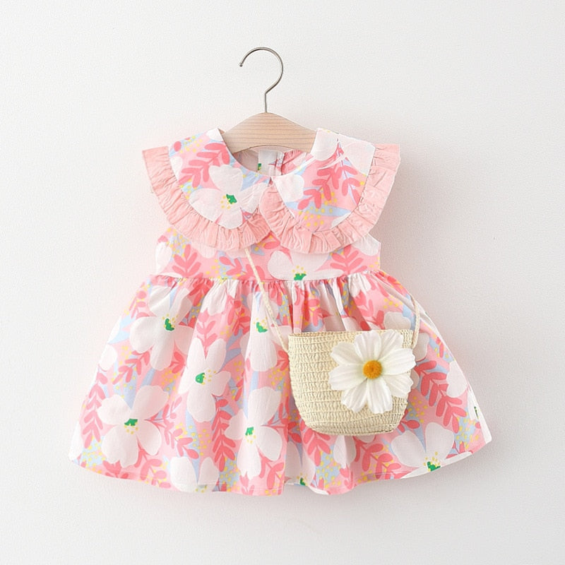 Summer Outfits Toddler Dresses Newborn Baby Girl Clothes Cute Flowers Sleeveless Cotton Print Princess Beach Dress+Sunhat BC004