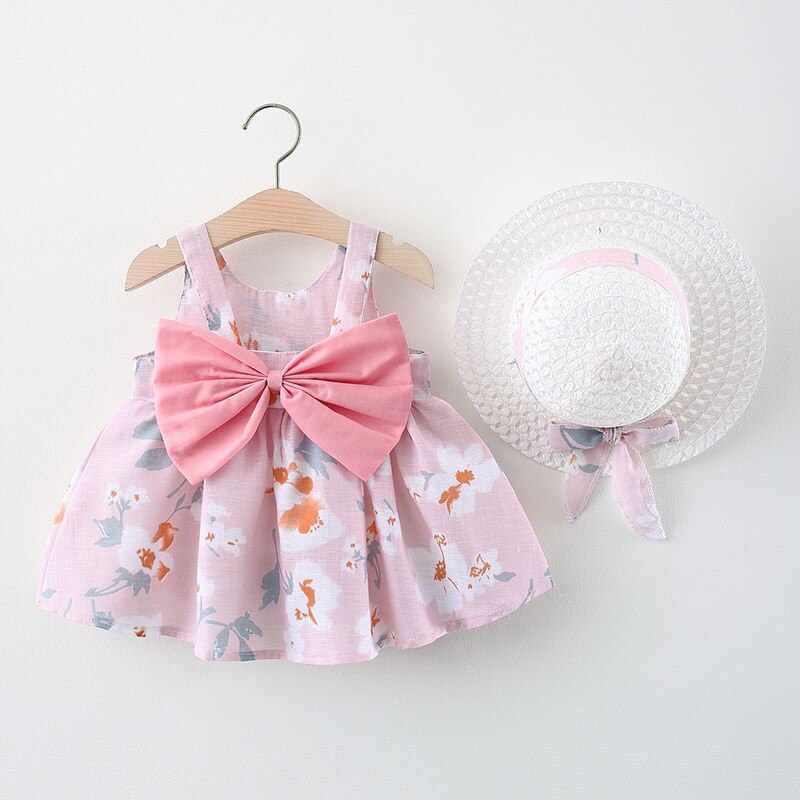 Summer Outfits Toddler Dresses Newborn Baby Girl Clothes Cute Flowers Sleeveless Cotton Print Princess Beach Dress+Sunhat BC004