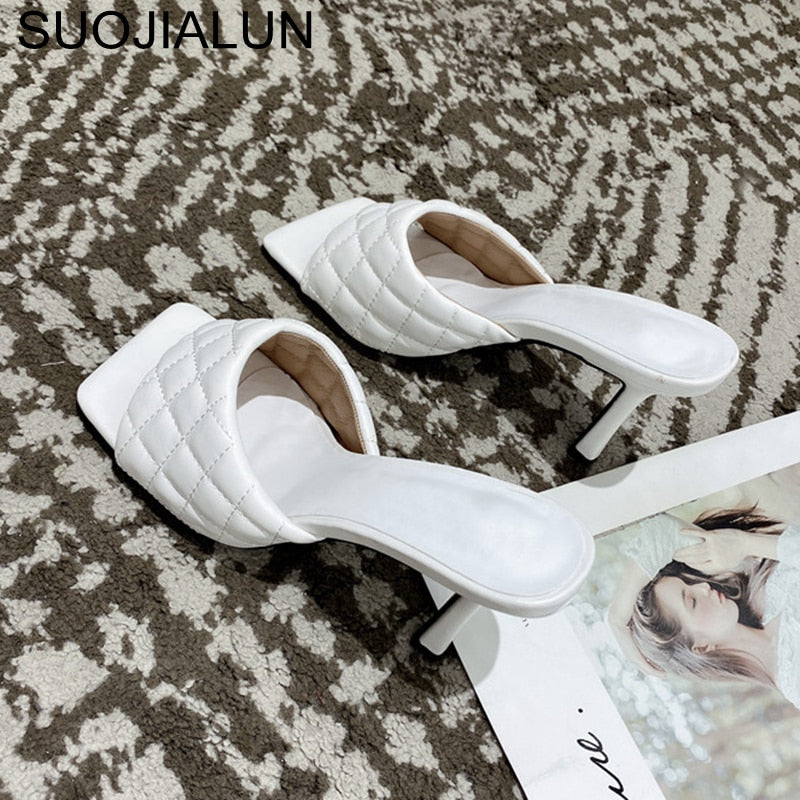 SUOJIALUN 2021 Brand Design Women slippers Elegant Square Toe Thin High Heels 9CM Slippers Summer Outdoor Beach Slides Shoes