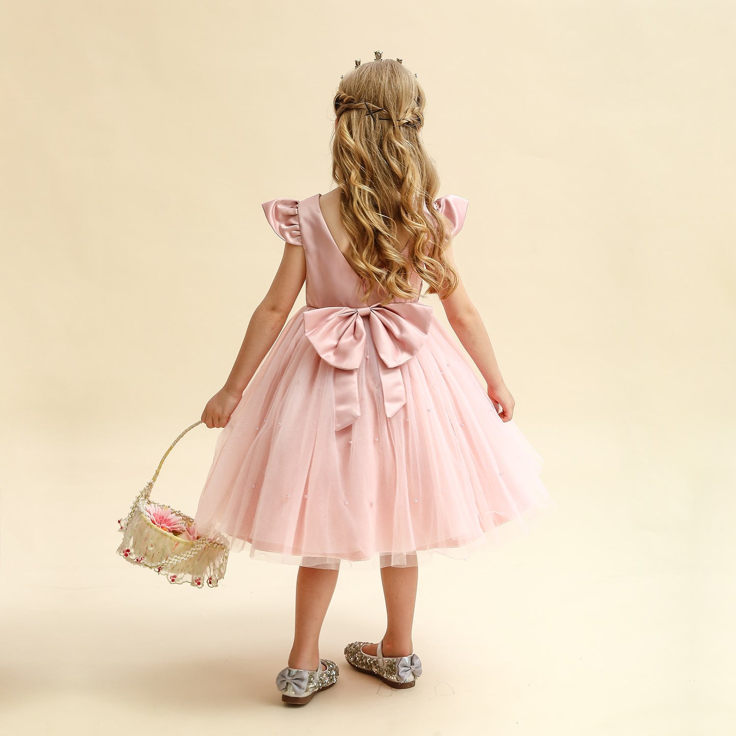 Toddler Girl Flower Birthday Tulle Dress Backless Bow Wedding Gown Kids Party Wear Princess Pink Dress Baby Girl Bowknot Dresses