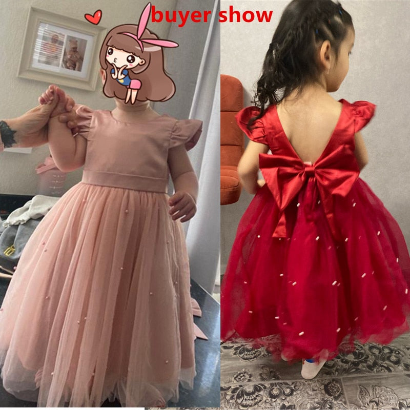 Toddler Girl Flower Birthday Tulle Dress Backless Bow Wedding Gown Kids Party Wear Princess Pink Dress Baby Girl Bowknot Dresses