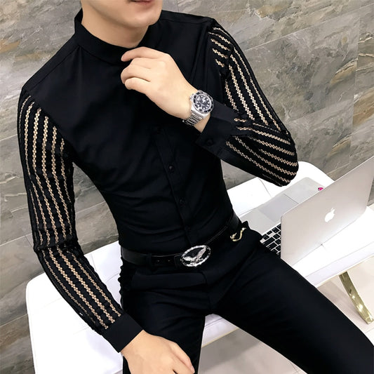 Spring Autumn New Men Lace Perspective Shirt Party prom Hollow Long Sleeve Tuxedo Shirt Trend Slim Nightclub Casual Social Shirt