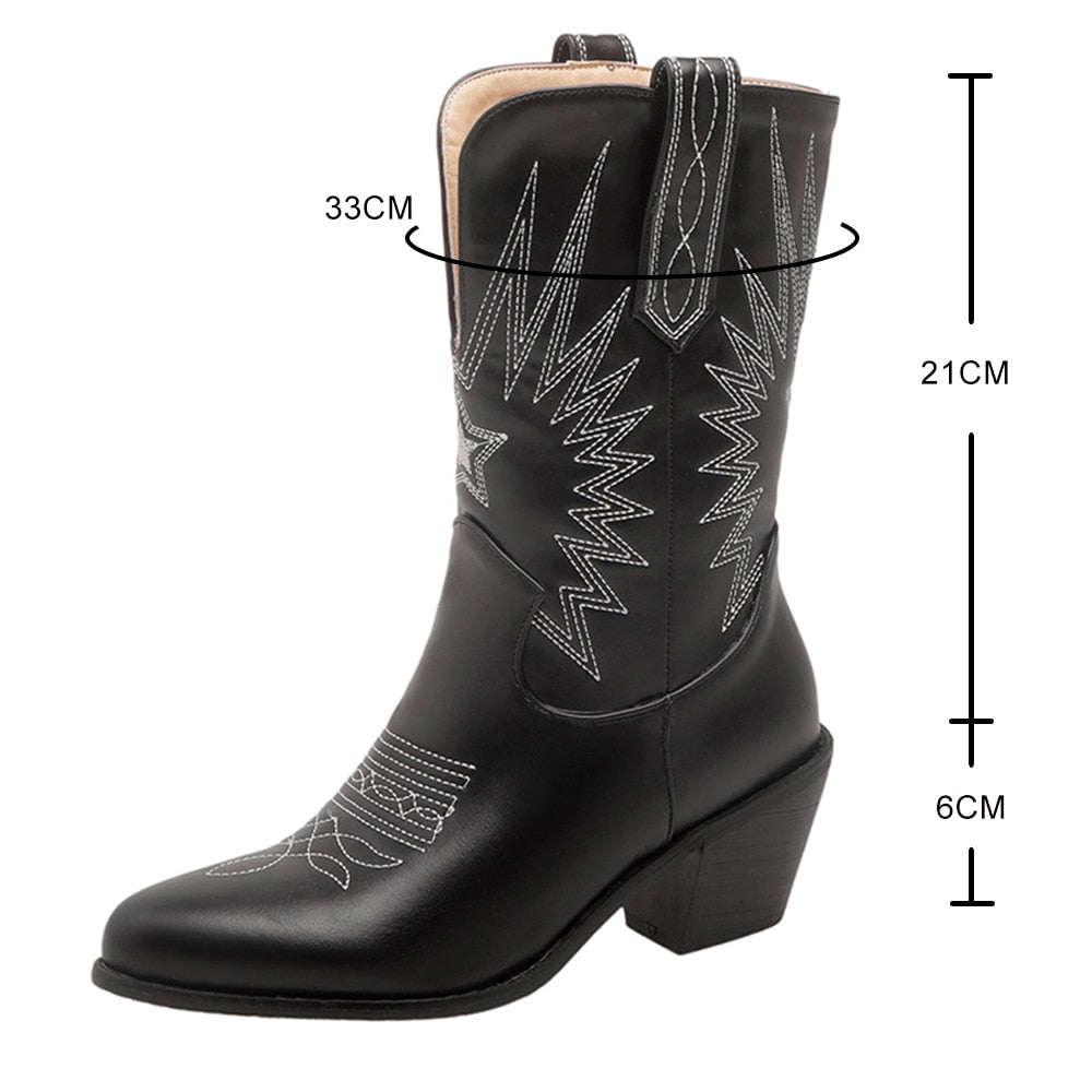 western cowboy boots women mid-calf chunky wedges boot runway fashion Embroidery PU leather woman ankle bota pointed toe Brand