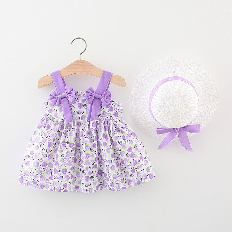 Summer Outfits Toddler Dresses Newborn Baby Girl Clothes Cute Flowers Sleeveless Cotton Print Princess Beach Dress+Sunhat BC004