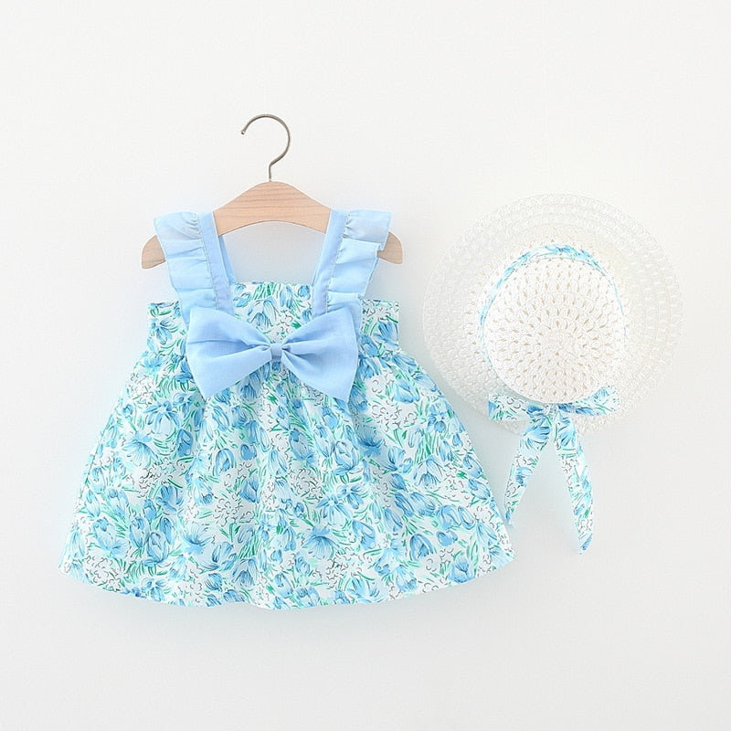 Summer Outfits Toddler Dresses Newborn Baby Girl Clothes Cute Flowers Sleeveless Cotton Print Princess Beach Dress+Sunhat BC004