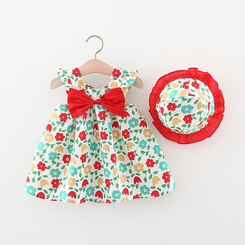 Summer Outfits Toddler Dresses Newborn Baby Girl Clothes Cute Flowers Sleeveless Cotton Print Princess Beach Dress+Sunhat BC004