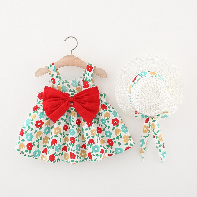 Summer Outfits Toddler Dresses Newborn Baby Girl Clothes Cute Flowers Sleeveless Cotton Print Princess Beach Dress+Sunhat BC004