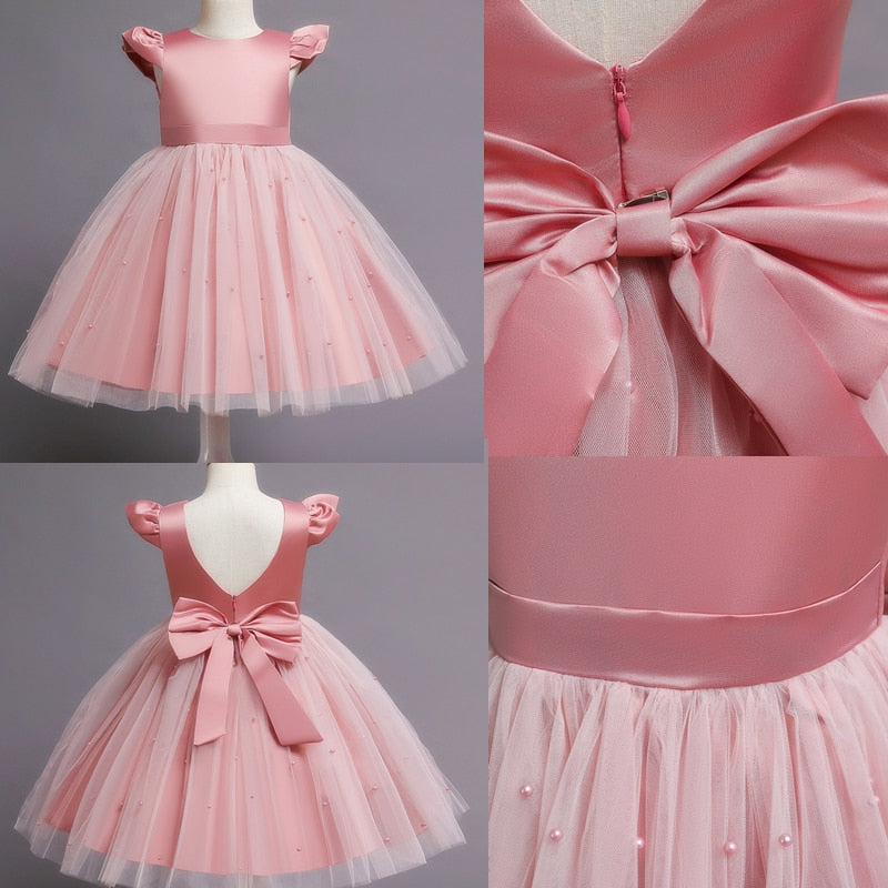 Toddler Girl Flower Birthday Tulle Dress Backless Bow Wedding Gown Kids Party Wear Princess Pink Dress Baby Girl Bowknot Dresses