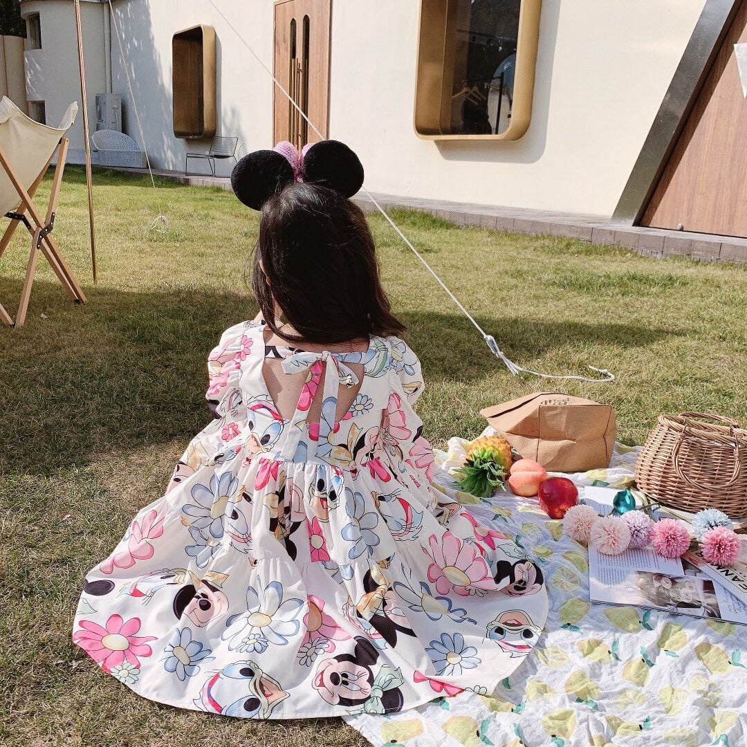 Summer Baby Girl Casual Dress Kids Toddler Mickey Mouse Daisy Cartoon Puff Sleeve Clothes Girls Backless Cute Princess Dresses