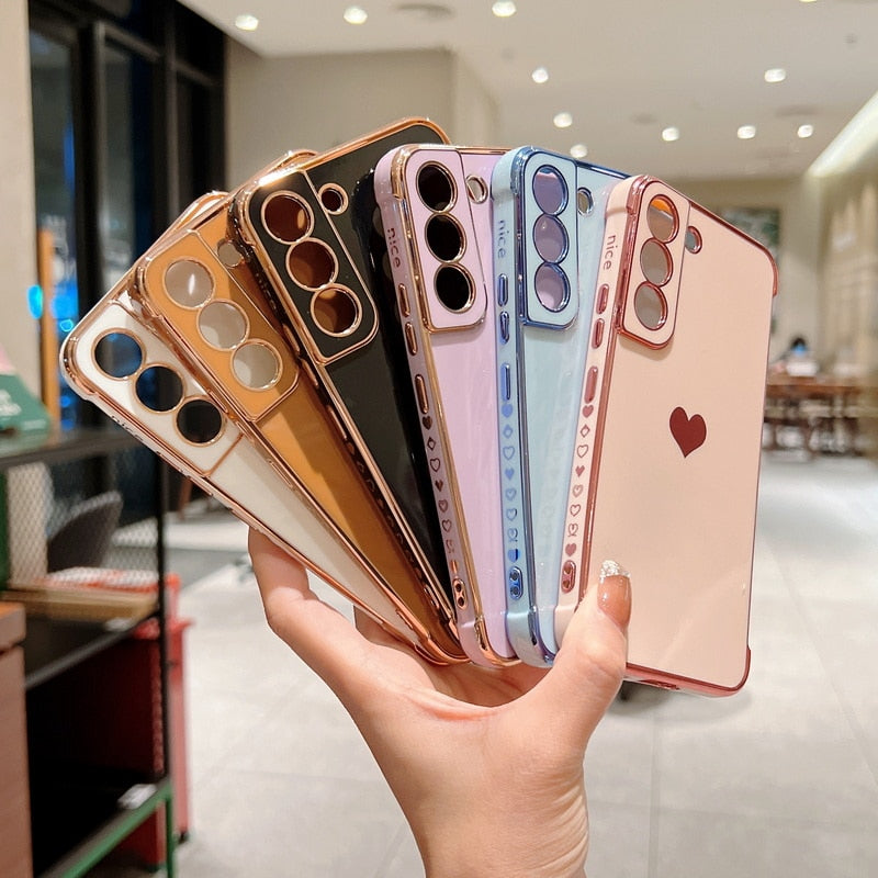 Luxury Plating Case For Samsung Galaxy S22 Ultra S21 S20 FE A52 A53 S22 S21 Plus A13 5G A12 Love Heart Side Pattern Phone Cover