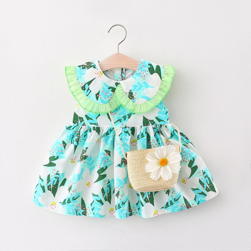 Summer Outfits Toddler Dresses Newborn Baby Girl Clothes Cute Flowers Sleeveless Cotton Print Princess Beach Dress+Sunhat BC004