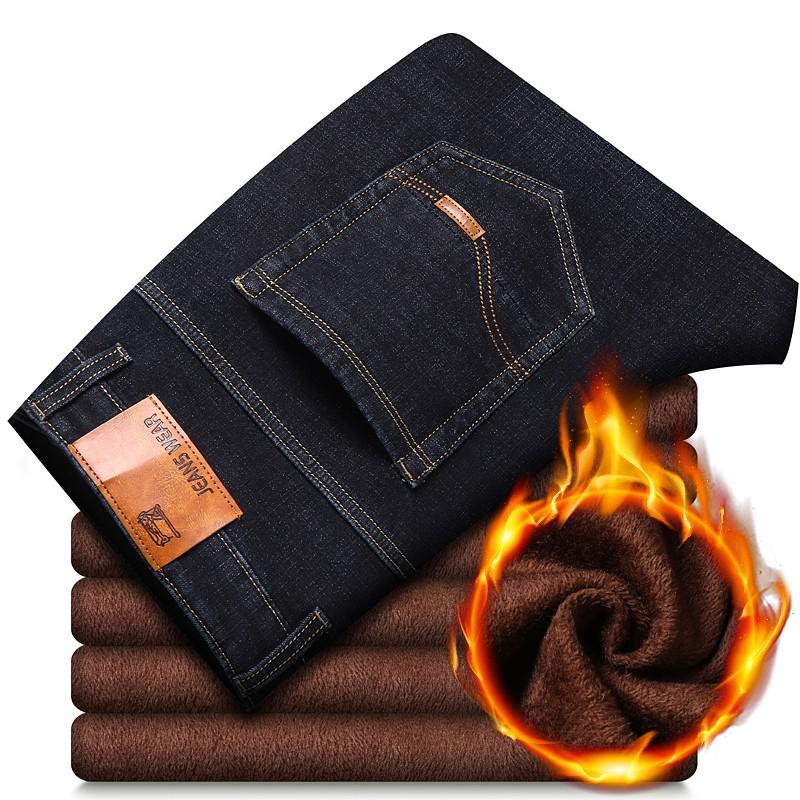 Winter Thermal Warm Flannel Stretch Jeans Mens Quality Famous Brand Fleece Pants Men Straight Flocking Trousers Jean Male