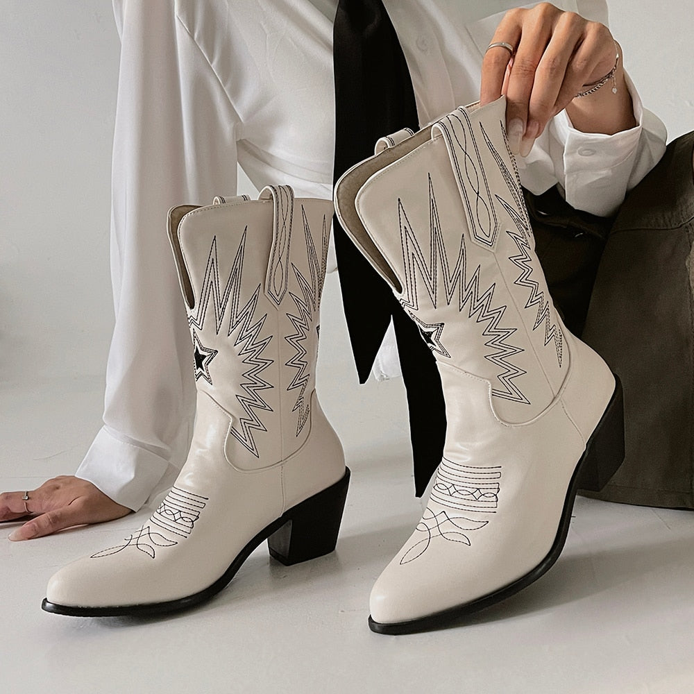 western cowboy boots women mid-calf chunky wedges boot runway fashion Embroidery PU leather woman ankle bota pointed toe Brand