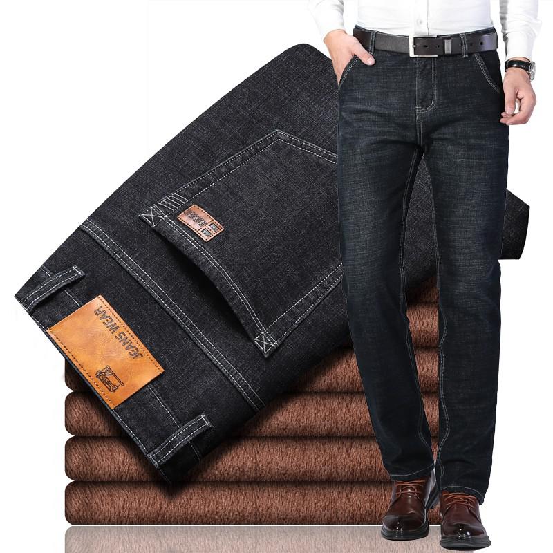 Winter Thermal Warm Flannel Stretch Jeans Mens Quality Famous Brand Fleece Pants Men Straight Flocking Trousers Jean Male