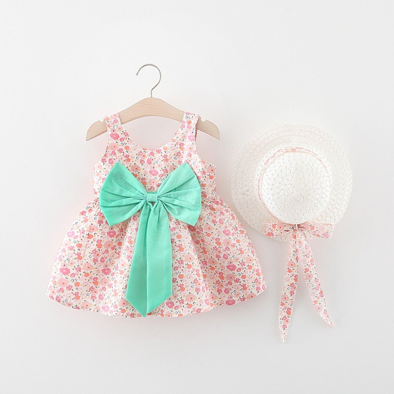 Summer Outfits Toddler Dresses Newborn Baby Girl Clothes Cute Flowers Sleeveless Cotton Print Princess Beach Dress+Sunhat BC004