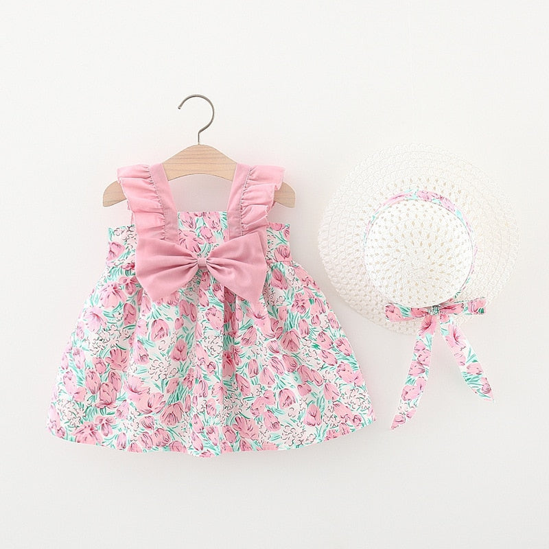 Summer Outfits Toddler Dresses Newborn Baby Girl Clothes Cute Flowers Sleeveless Cotton Print Princess Beach Dress+Sunhat BC004