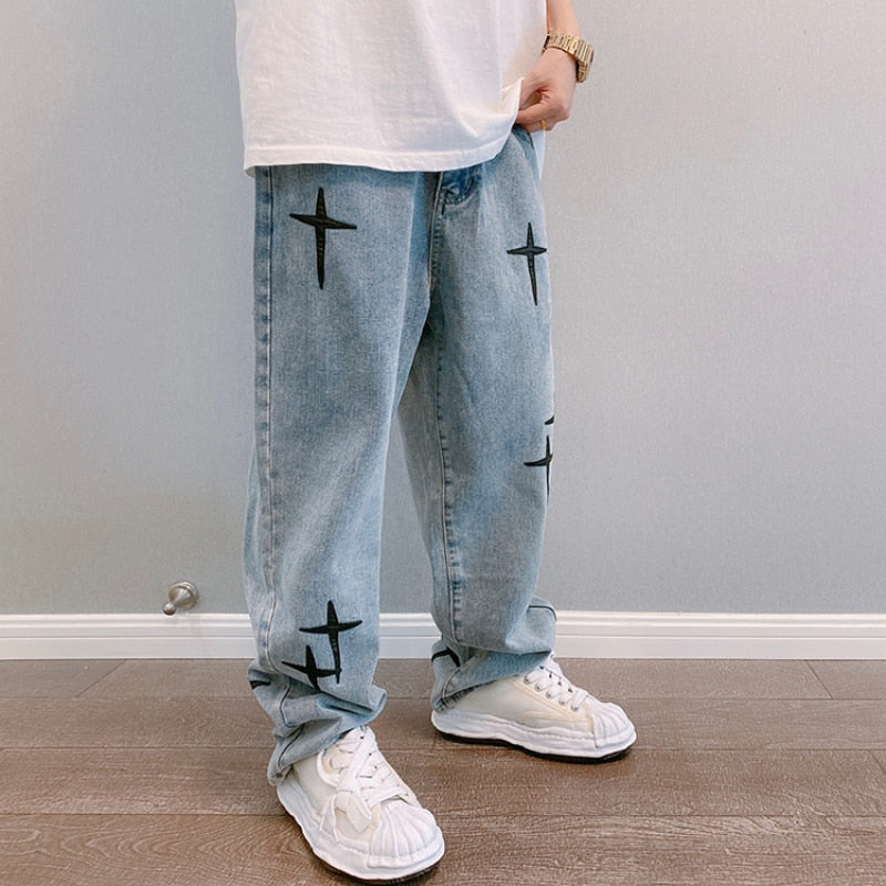 New Embroidered Jeans Men Straight Loose Wide-leg Pants Spring and Autumn Korean Fashion High Street Hip Hop Style Male Trousers