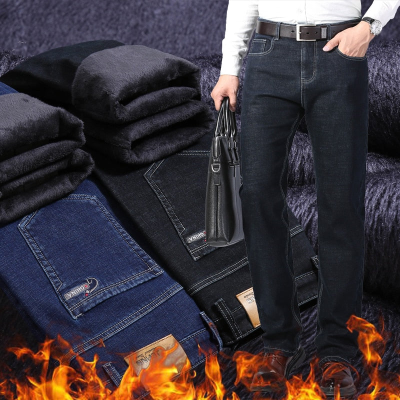 Winter Thermal Warm Flannel Stretch Jeans Mens Quality Famous Brand Fleece Pants Men Straight Flocking Trousers Jean Male