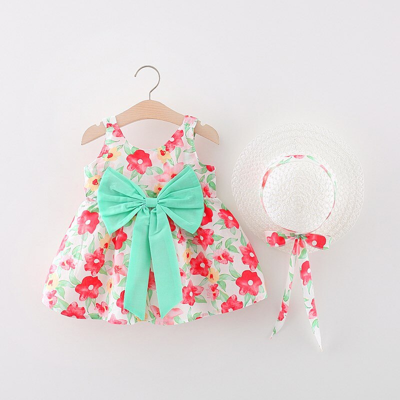 Summer Outfits Toddler Dresses Newborn Baby Girl Clothes Cute Flowers Sleeveless Cotton Print Princess Beach Dress+Sunhat BC004